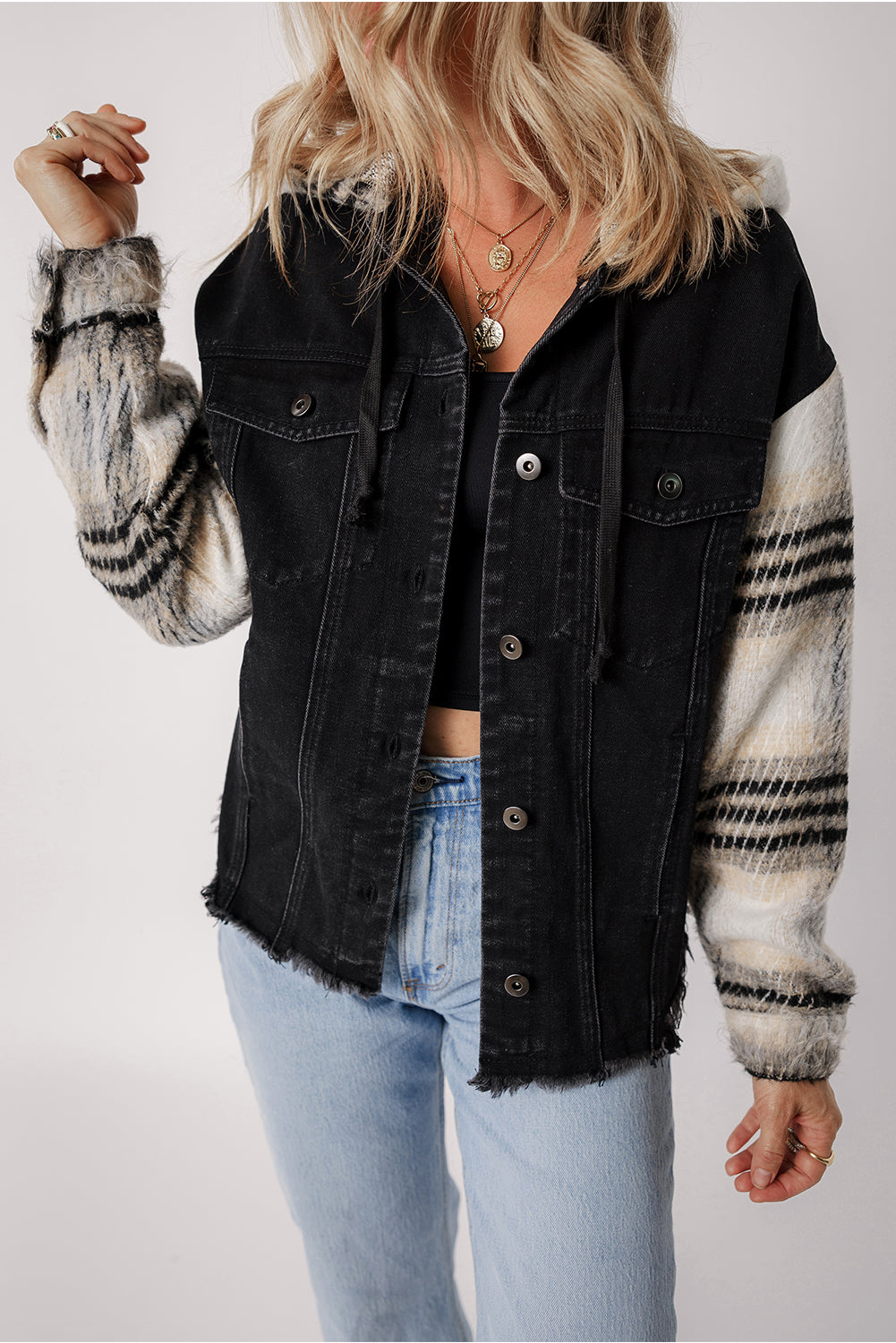 Plaid Sleeve Denim Jacket