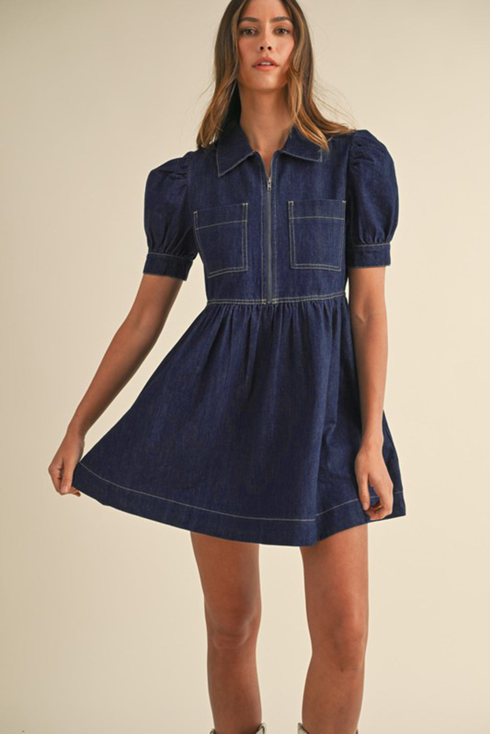 Denim Zip Front Dress | Puff Sleeve