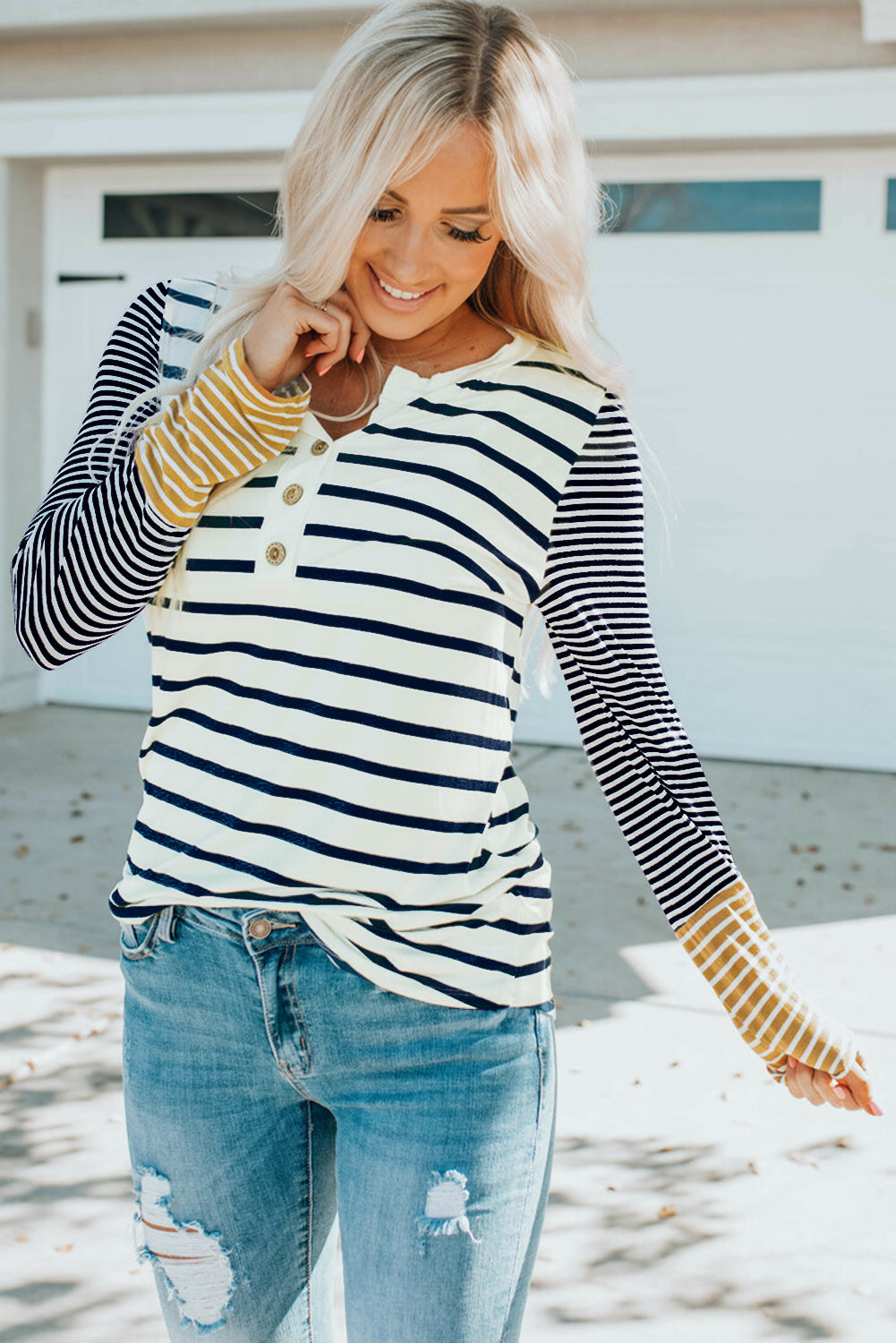 Striped Button Detail Top