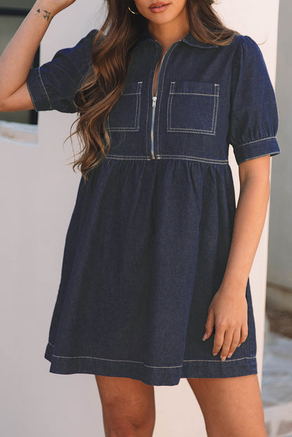 Denim Zip Front Dress | Puff Sleeve