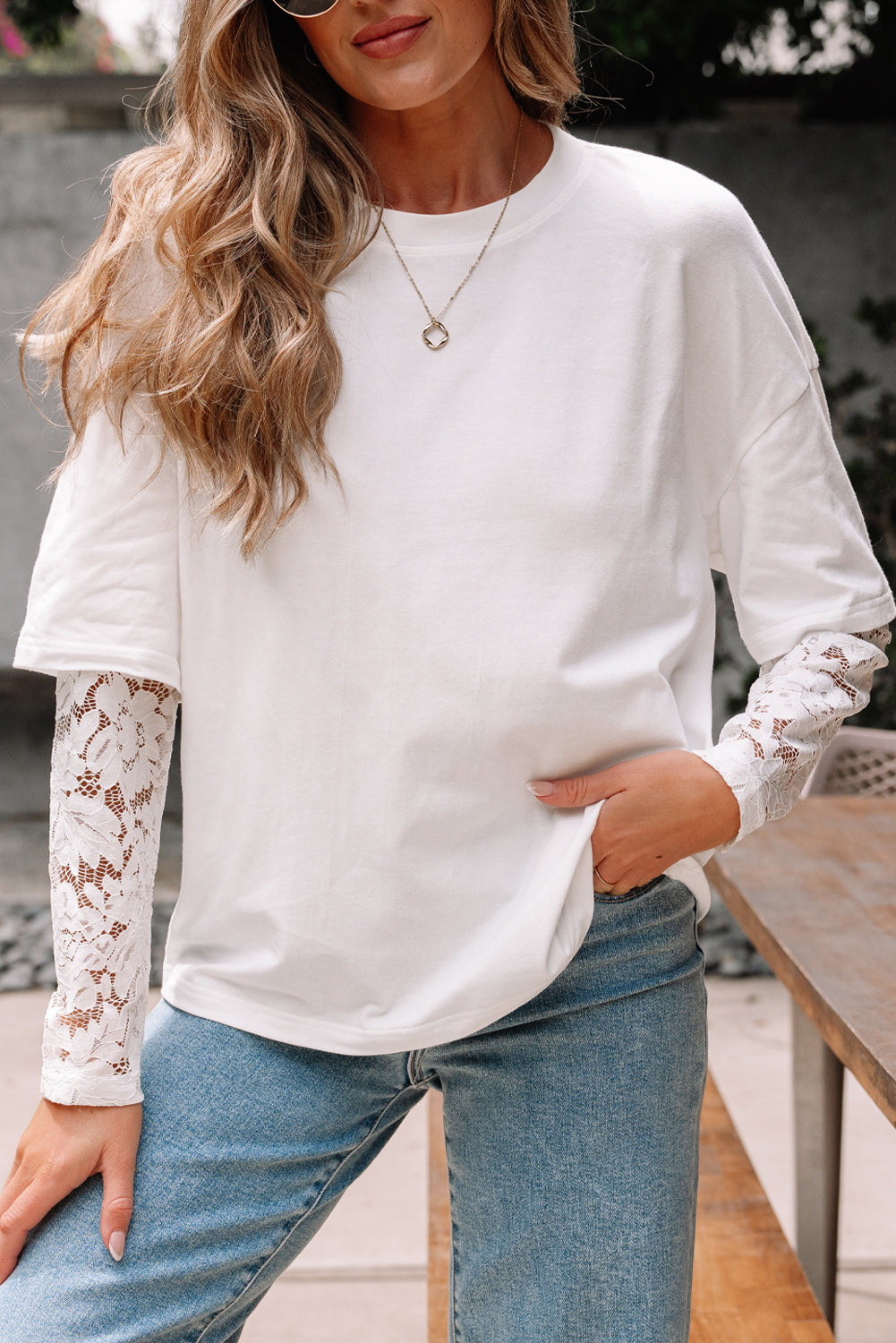 Contrast Lace Sleeve Top