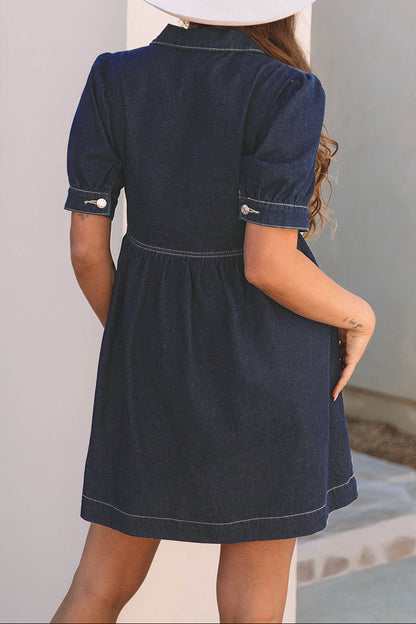 Denim Zip Front Dress | Puff Sleeve