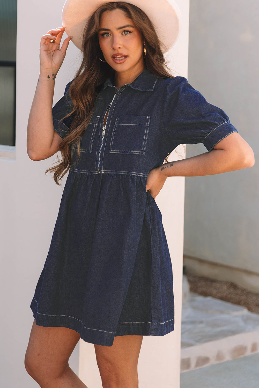 Denim Zip Front Dress | Puff Sleeve