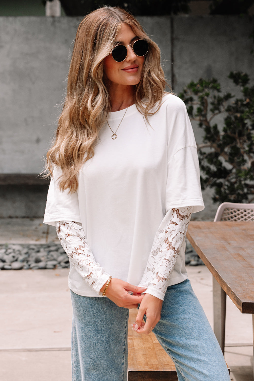 Contrast Lace Sleeve Top