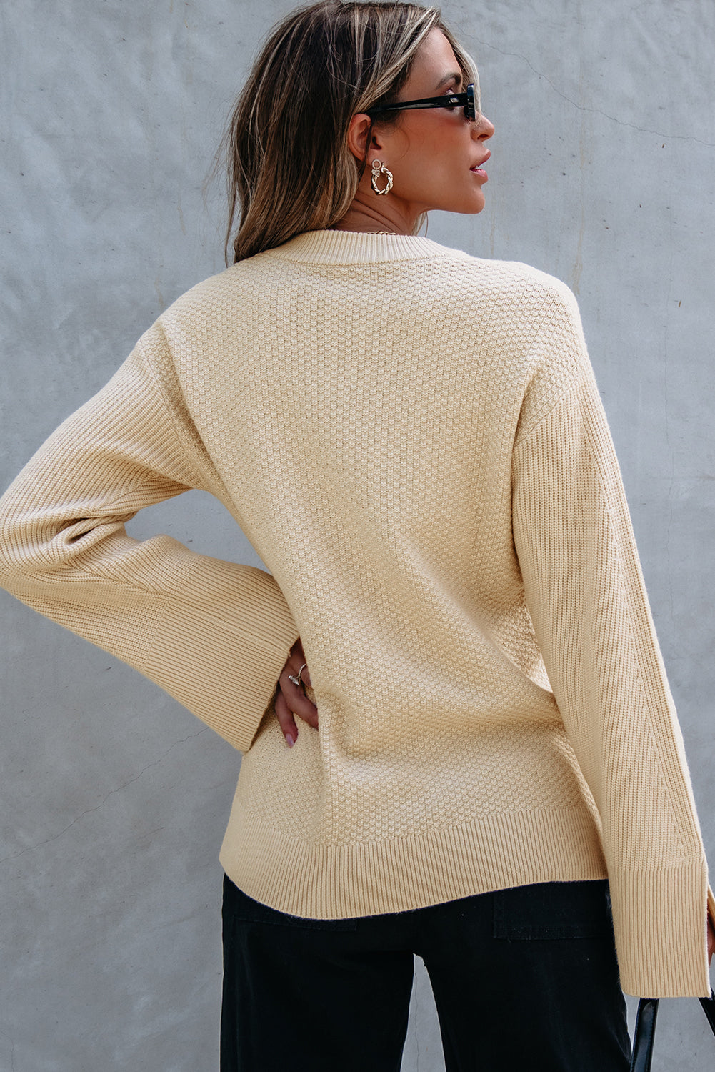 Textured Slit Sleeve Sweater