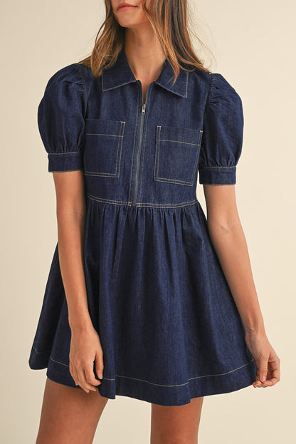 Denim Zip Front Dress | Puff Sleeve