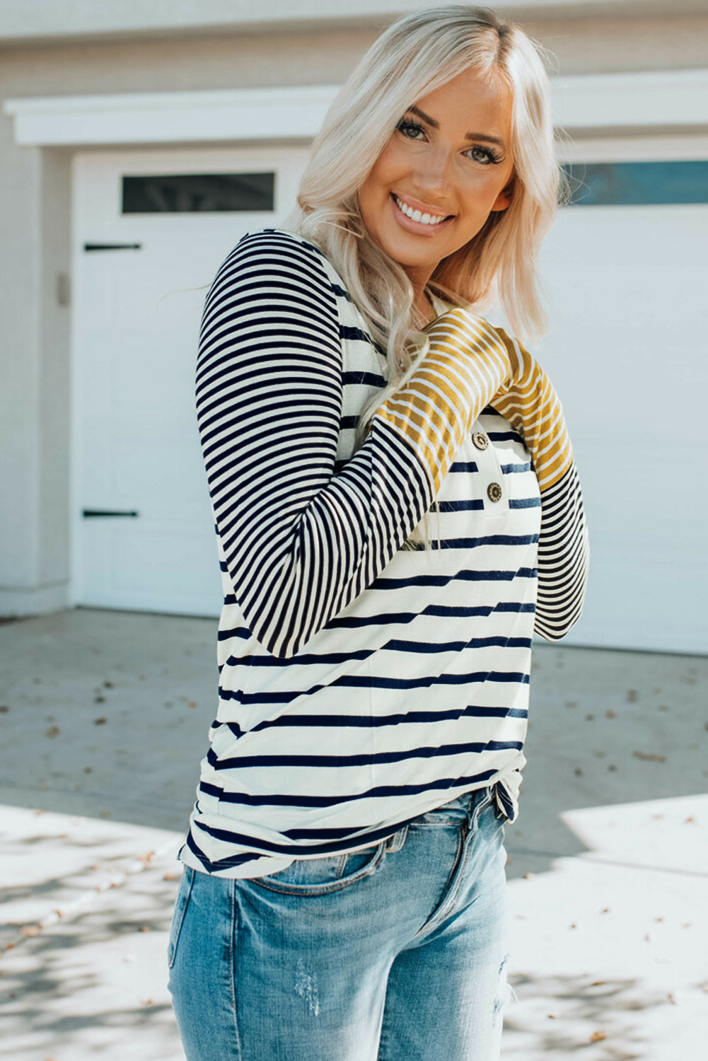 Striped Button Detail Top
