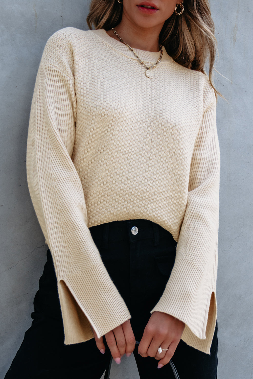 Textured Slit Sleeve Sweater