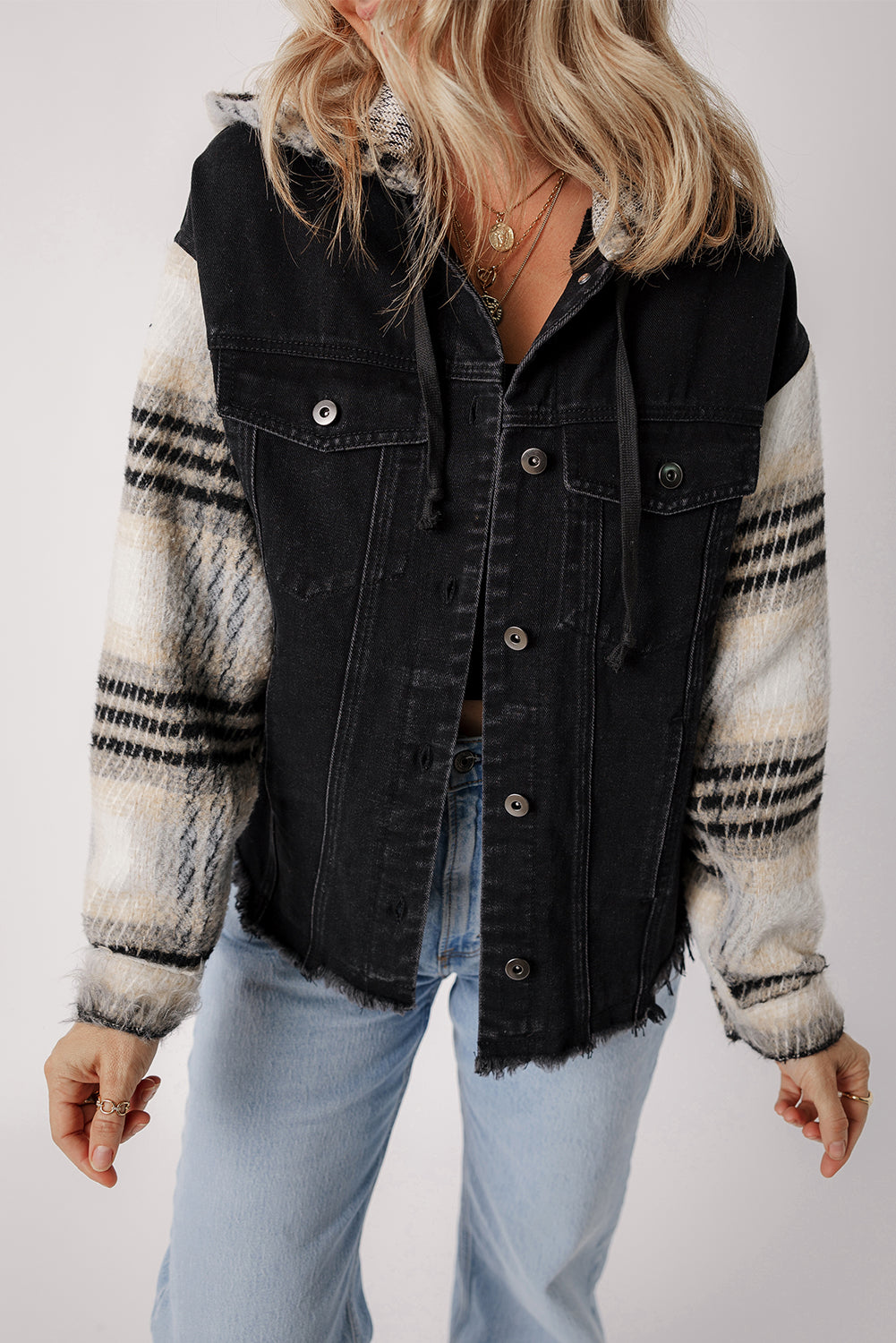 Plaid Sleeve Denim Jacket