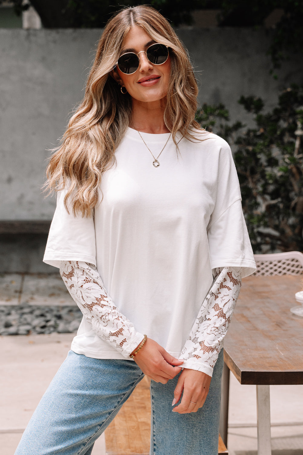 Contrast Lace Sleeve Top