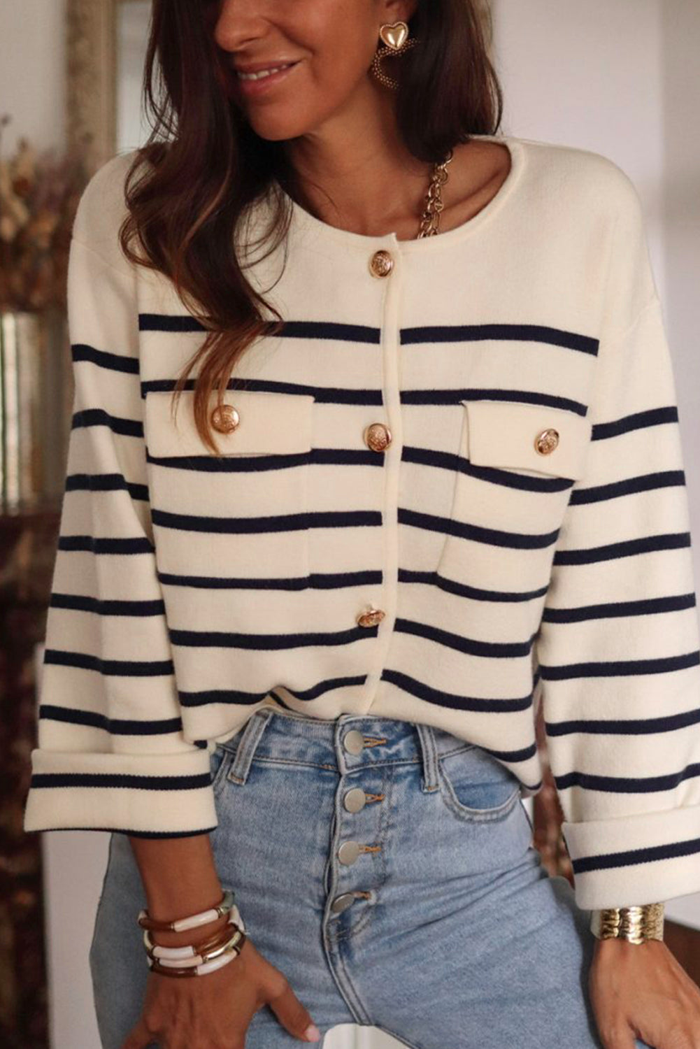 Striped Cardigan | Button Detailing